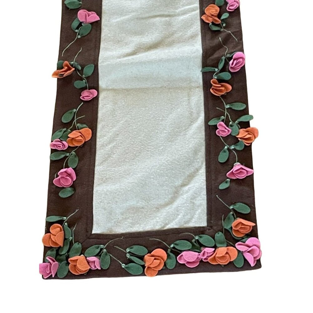 Pier 1 Imports Table Runner Jardinia 14” X 69” 3D Fabric Flowers Brown Tan‎ Wool